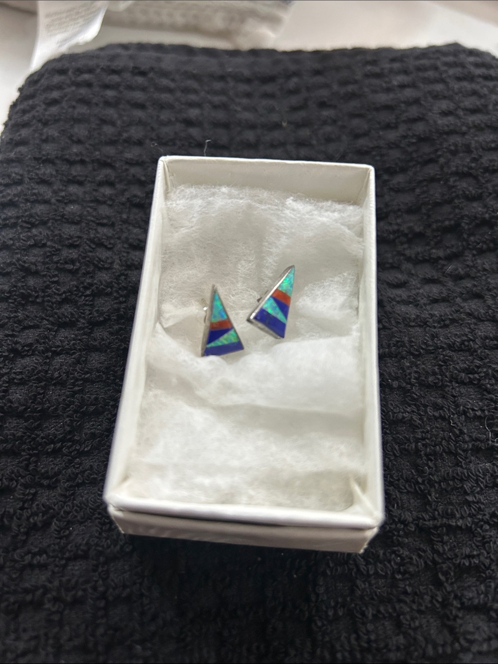 Sterling Silver Triangular Inlay Stud Earrings - opal, lapis, spiny oyster.